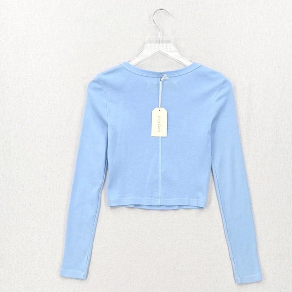 ENZA COSTA Supima Baby Rib Long Sleeve Cropped Top Womens Small Blue Crew Tee - Picture 4 of 12